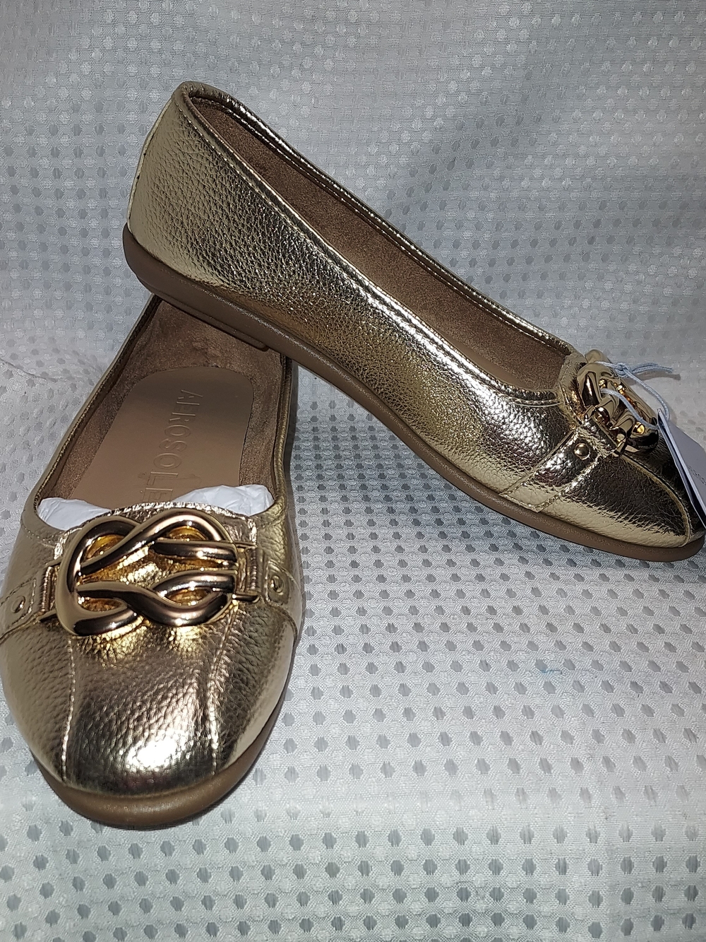 AEROSOLES Metallic Gold Ballet Flats with Decorative Twist Accent